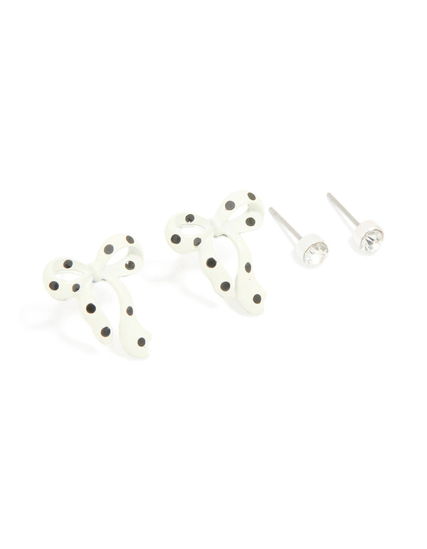 Silver Polka Dot Bow & Diamante Classic Stud Earrings 2-Pack