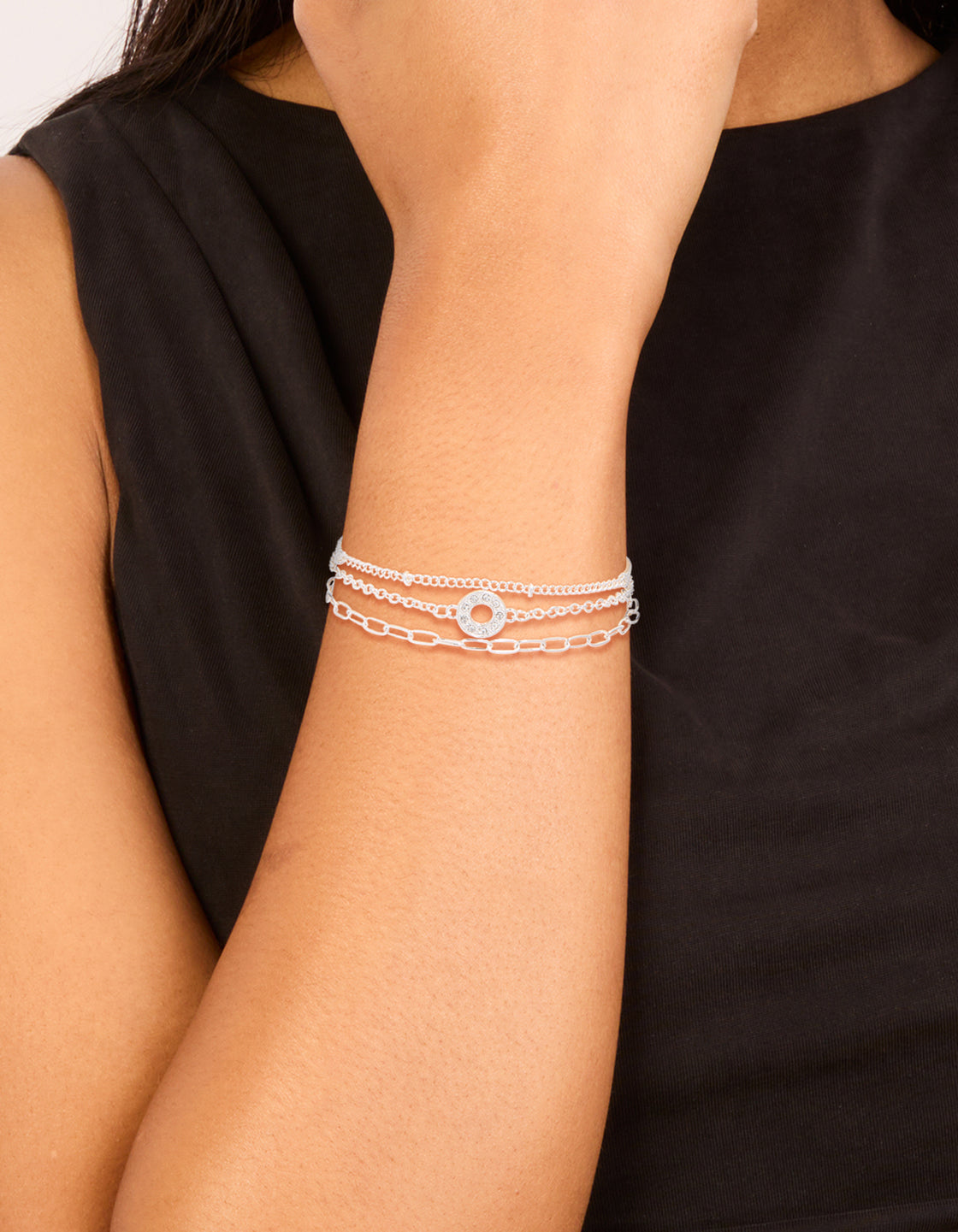 Silver Diamante Circle & Chain Bracelets 3-Pack