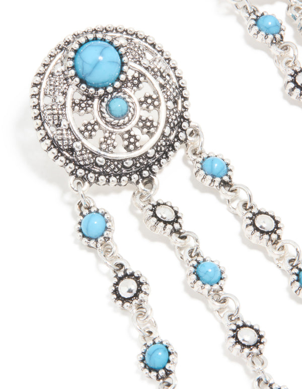 Antique Silver Blue Circle Drop Earrings