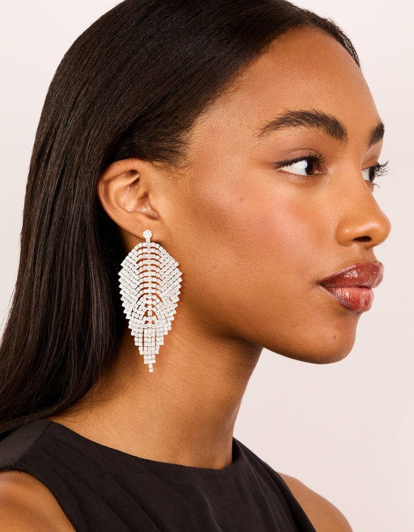 Silver Diamante Feather Drop Earrings