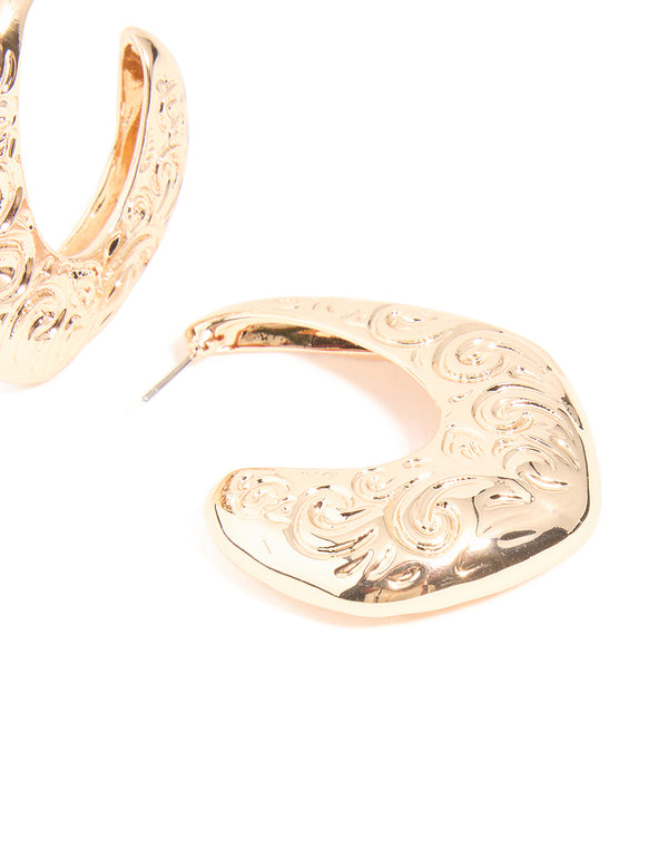 Gold Textured Swirl Large Hoop Earrings