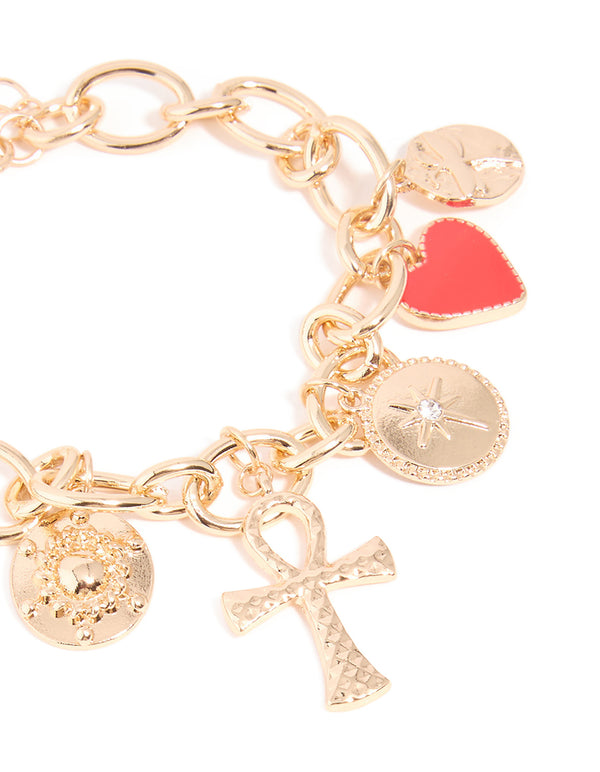 Gold Chunky Cross & Heart Charm Bracelet