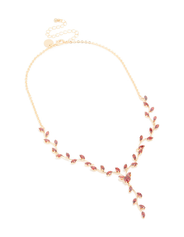 Gold Red Cubic Zirconia Vine Y-Necklace