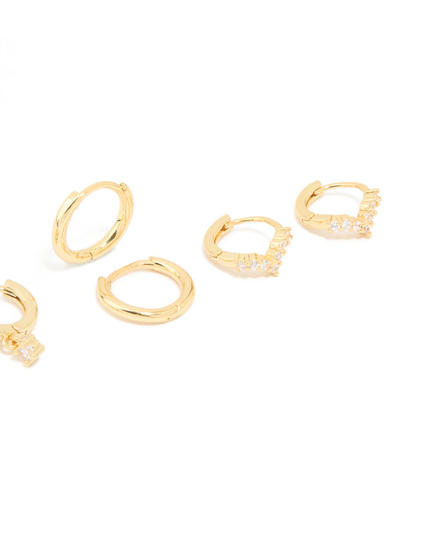 Gold Plated Cubic Zirconia Flower Huggie Earrings 4-Pack