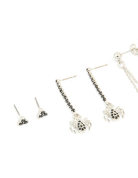 Silver Black Diamante Spider & Cross Stud Earrings 4-Pack - link has visual effect only