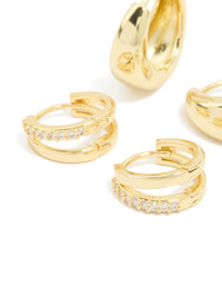 Gold Plated Brass Cubic Zirconia & Smooth Huggie Earrings 2-Pack - link has visual effect only