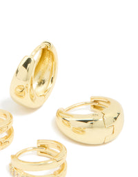 Gold Plated Brass Cubic Zirconia & Smooth Huggie Earrings 2-Pack - link has visual effect only