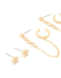 Gold Plated Brass Cubic Zirconia Stud & Chain Earrings 3-Pack - link has visual effect only