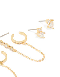 Gold Plated Brass Cubic Zirconia Stud & Chain Earrings 3-Pack - link has visual effect only