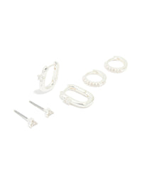 Silver Cubic Zirconia Rectangle Hoop & Stud Earrings 3-Pack - link has visual effect only
