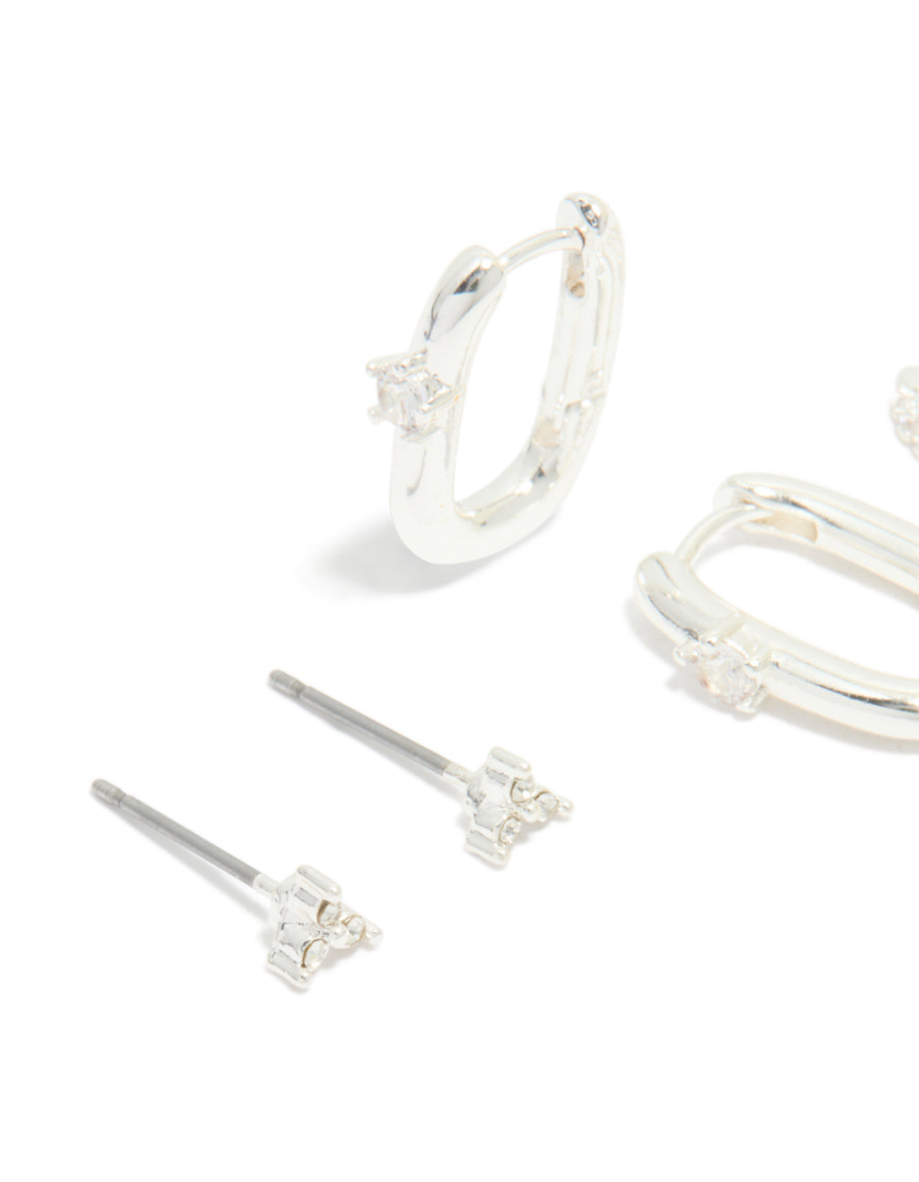 Designed with cubic zirconia in silver statement hoop and stud earrings 3-pack close up view