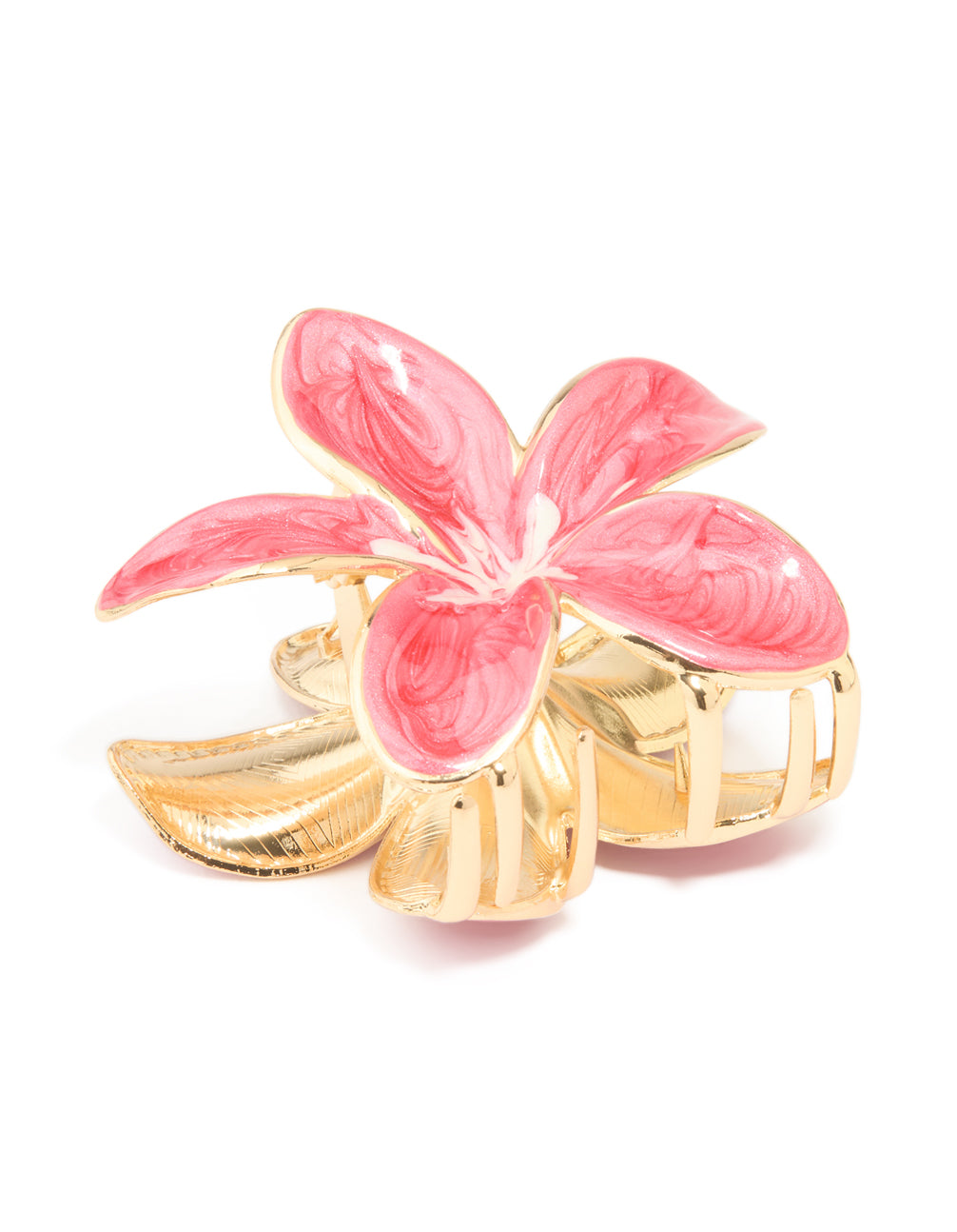 Gold Pink Enamel Frangipani Flower Claw Clip