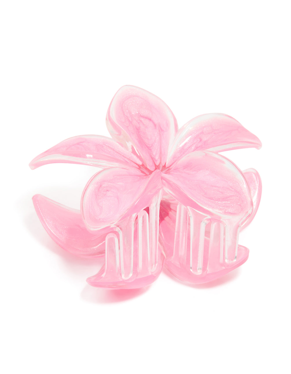 Discover this pink frangipani flower claw clip featuring floral details front view