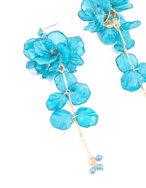 Blue Acrylic Flower Large Drop Earrings