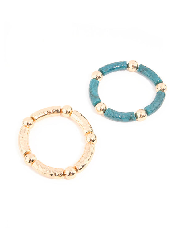 Gold & Blue Beaded Textured Stretch Bracelets 2-Pack