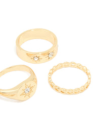 Gold Plated Star Stamped Signet & Textured Rings 5-Pack - link has visual effect only