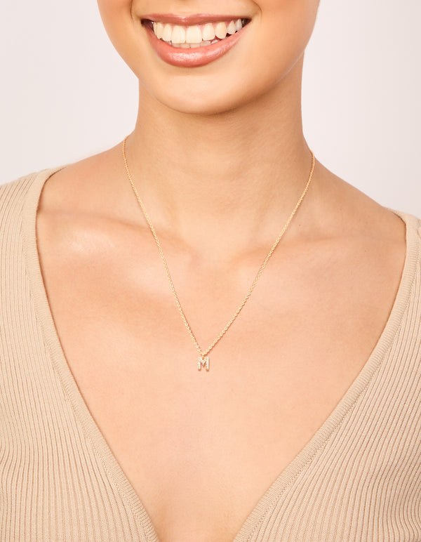 Gold Plated Brass Cubic Zirconia Letter M Necklace