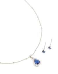 Silver Sapphire Cubic Zirconia Teardrop Pendant Necklace & Earrings Set - link has visual effect only