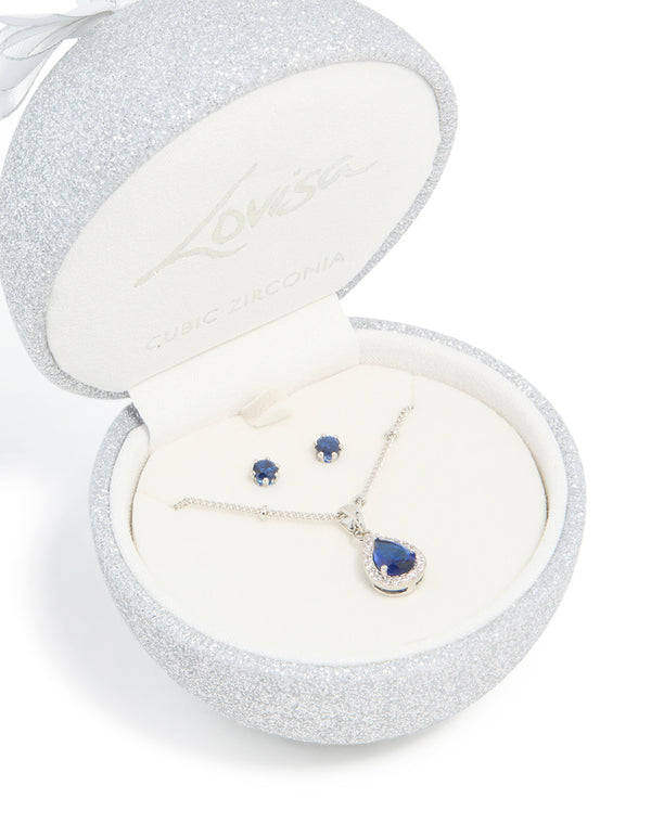 Silver Sapphire Cubic Zirconia Teardrop Pendant Necklace & Earrings Set