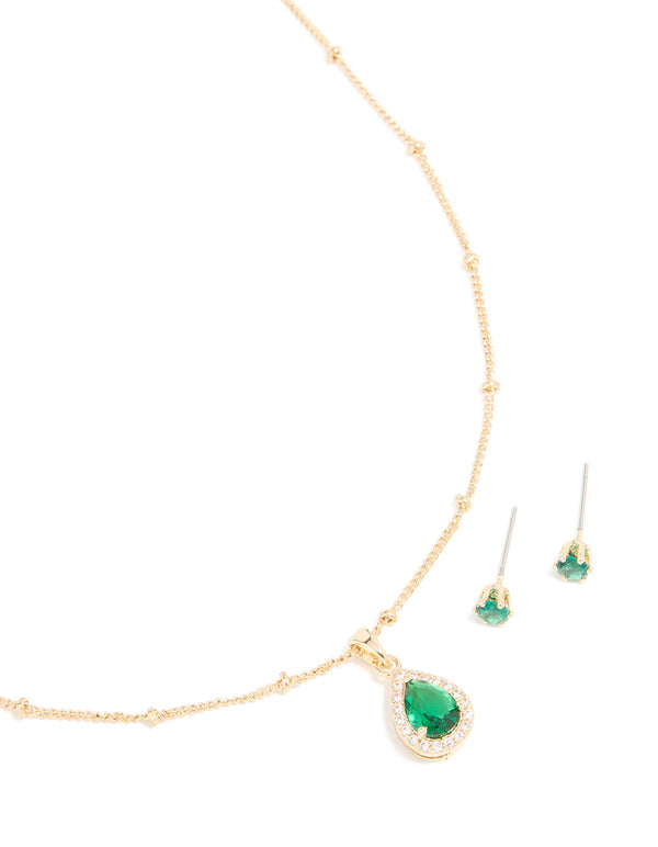 Gold Emerald Cubic Zirconia Necklace & Earrings Set