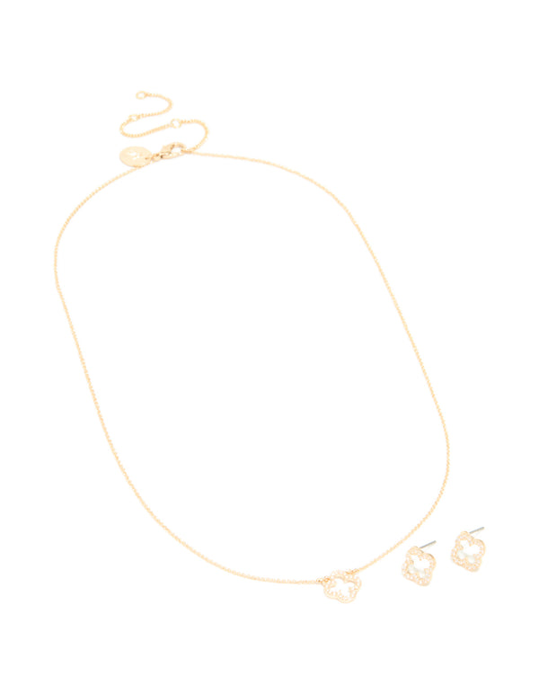 Gold Cubic Zirconia Outline Flower Earring & Necklace Set