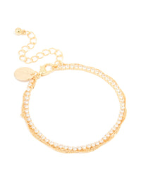 Gold Plated Cubic Zirconia Tennis & Plain Chain Layered Bracelet - link has visual effect only