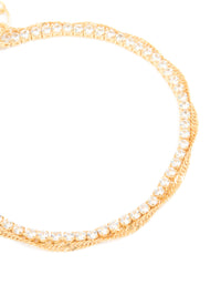 Gold Plated Cubic Zirconia Tennis & Plain Chain Layered Bracelet - link has visual effect only