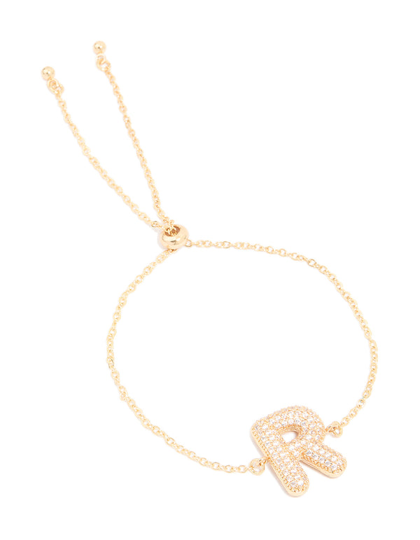 Gold Plated Cubic Zirconia Pave Bubble Letter R Toggle Bracelet