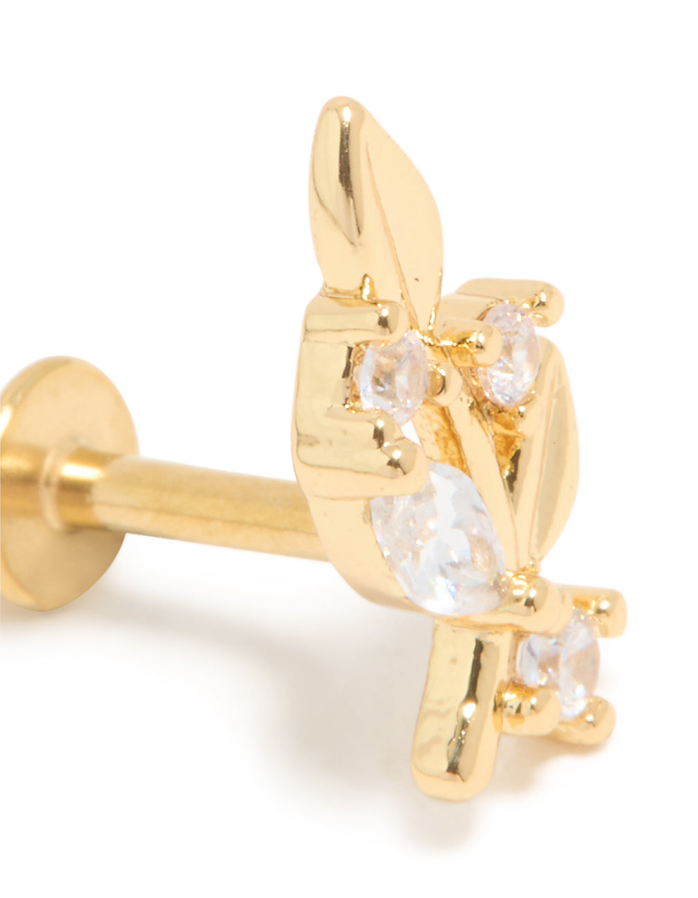 Highlighting a dainty floral single flat back stud featuring cubic zirconia stones crafted in gold plated surgical steel close up view