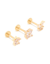 Gold Plated Surgical Steel Cubic Zirconia Floral Flat Back Studs 3-Pack - link has visual effect only
