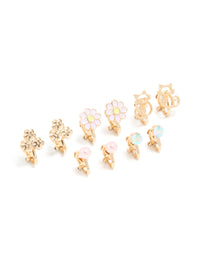 Kids Gold Pink Flower & Cat Outline Clip On Earrings 5-Pack - link has visual effect only