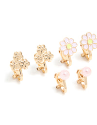 Kids Gold Pink Flower & Cat Outline Clip On Earrings 5-Pack - link has visual effect only