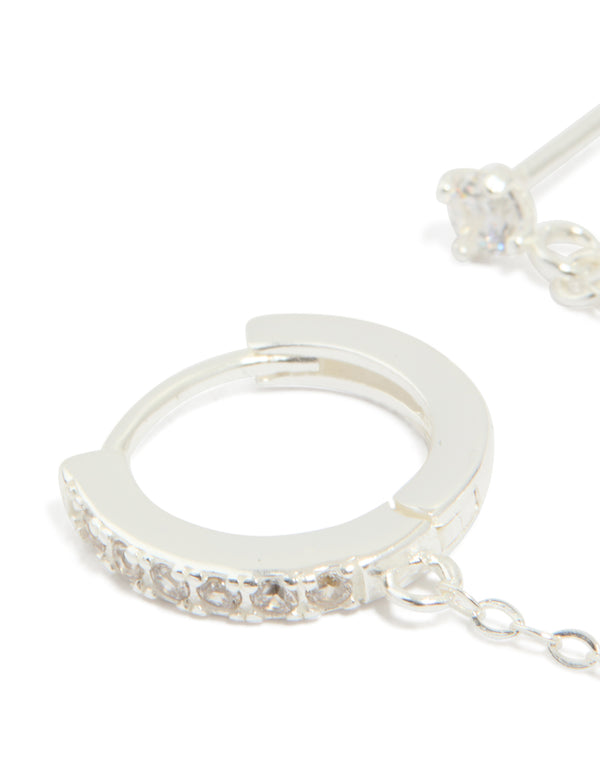 Sterling Silver Cubic Zirconia Chain Huggie & Stud Double Earring