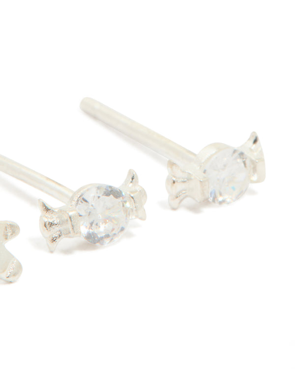 Sterling Silver Cubic Zirconia Xmas Gingerbread Man & Candy Stud Earrings 2-Pack