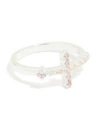 Elegant cross ring crafted from silver plated metal featuring cubic zirconia front view - link has visual effect only
