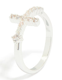 Stylish cross ring crafted from silver plated metal featuring cubic zirconia side detail view - link has visual effect only