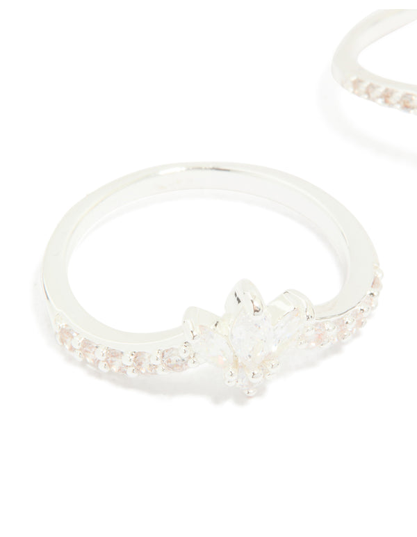 Silver Plated Cubic Zirconia Triple Leaf & Crown Stacking Rings 2-Pack