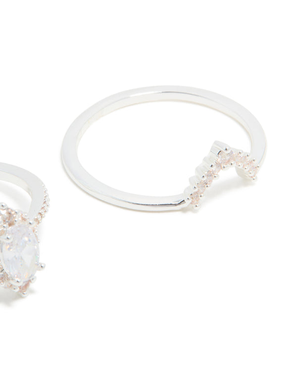 Silver Plated Cubic Zirconia Pear & Crown Stacking Rings 2-Pack
