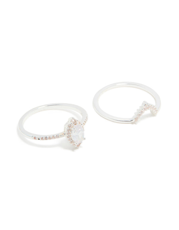Silver Plated Cubic Zirconia Pear & Crown Stacking Rings 2-Pack