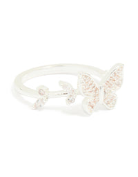 Silver Plated Cubic Zirconia Dainty Butterfly & Leaf Ring - link has visual effect only