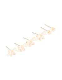 Gold Cubic Zirconia Bow & Classic Stud Earrings 3-Pack - link has visual effect only