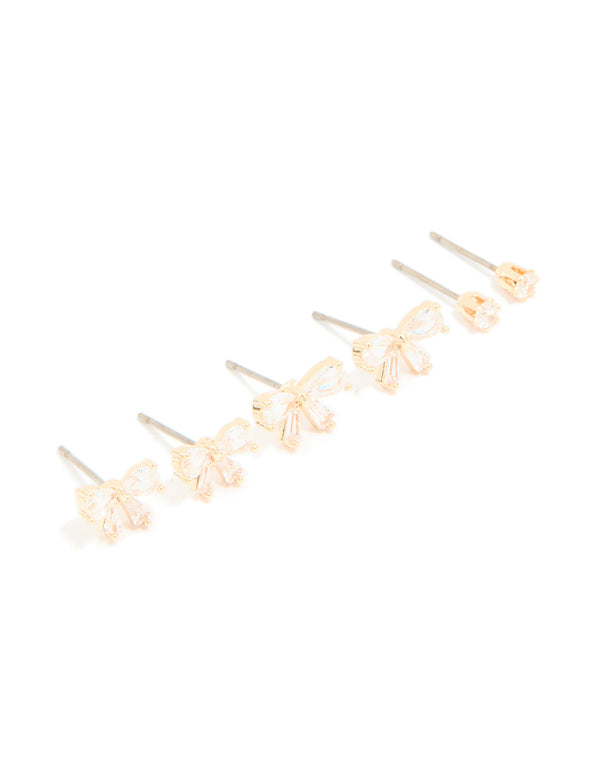 Gold Cubic Zirconia Bow & Classic Stud Earrings 3-Pack