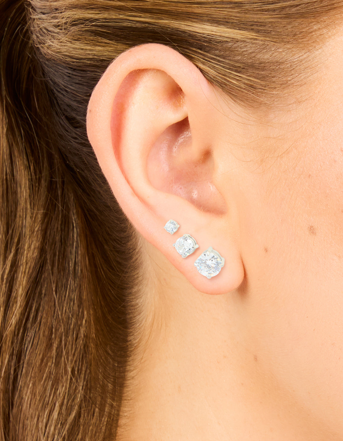 Silver Cubic Zirconia Multi-Sized Stud Earrings 3-Pack