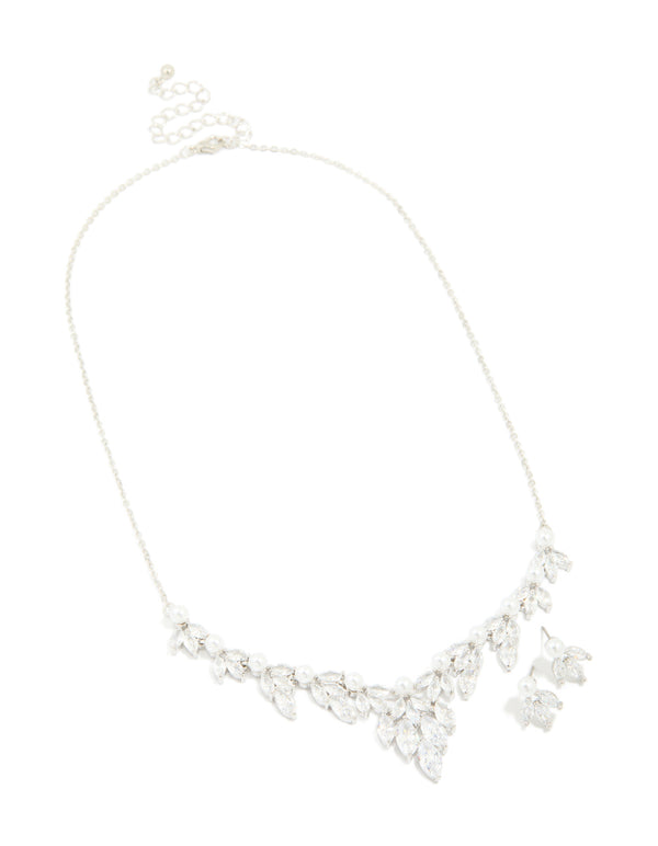 Silver Pearl Cubic Zirconia Flower Earrings & Necklace Set