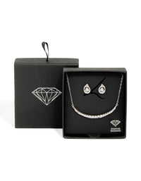 Silver Cubic Zirconia Pear Knot Earrings & Tennis Necklace Set - link has visual effect only