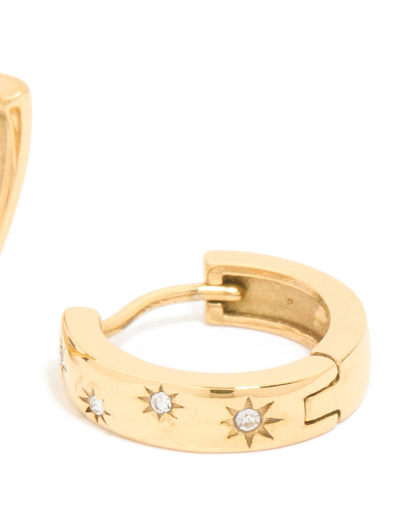 Waterproof Gold Plated Stainless Steel Diamante Star Clicker Hoop Earrings