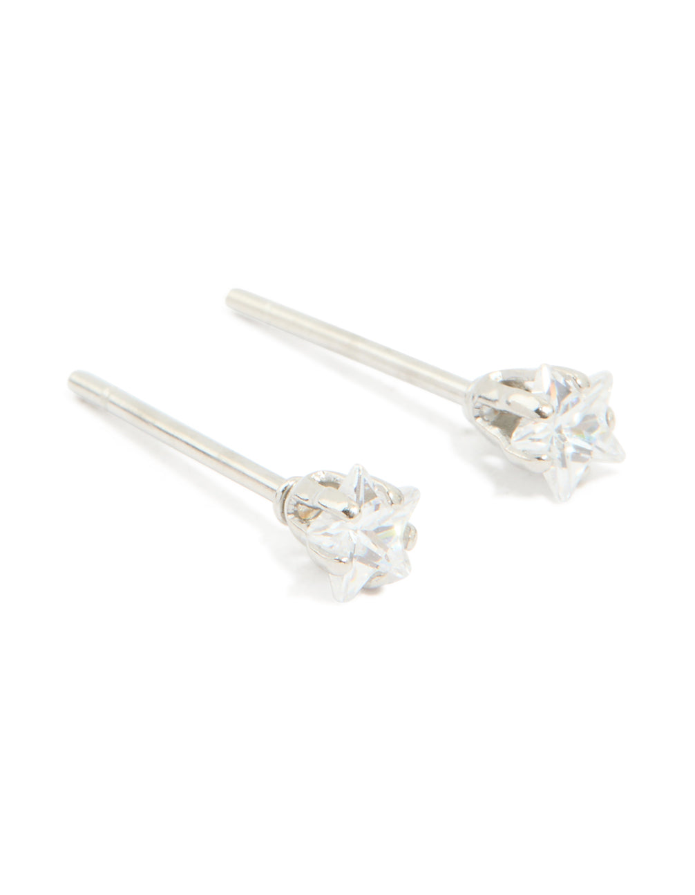 Showcasing celestial waterproof stainless steel prism cubic zirconia star stud earrings in 4 MM silver and clear front view