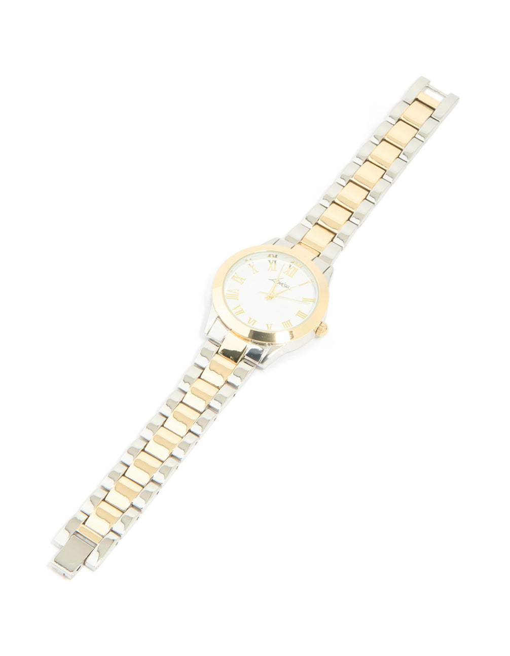 Crafted with precision featuring roman numerals on a white dial, round shape, women's formal analog watch with multi-color link band strap in gold and silver tones front view