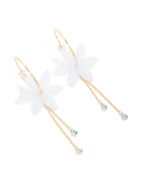 Gold Blue Diamante & White Floral Chain Drop Earrings - link has visual effect only