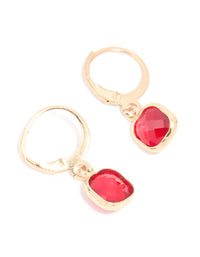 Gold Red Diamante Square Huggie Earrings - link has visual effect only